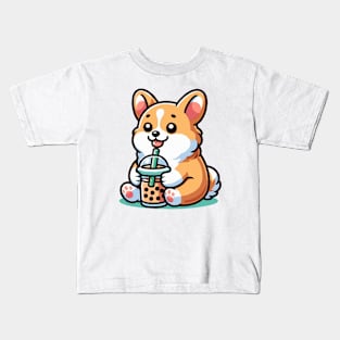 cute corgi drink boba Kids T-Shirt